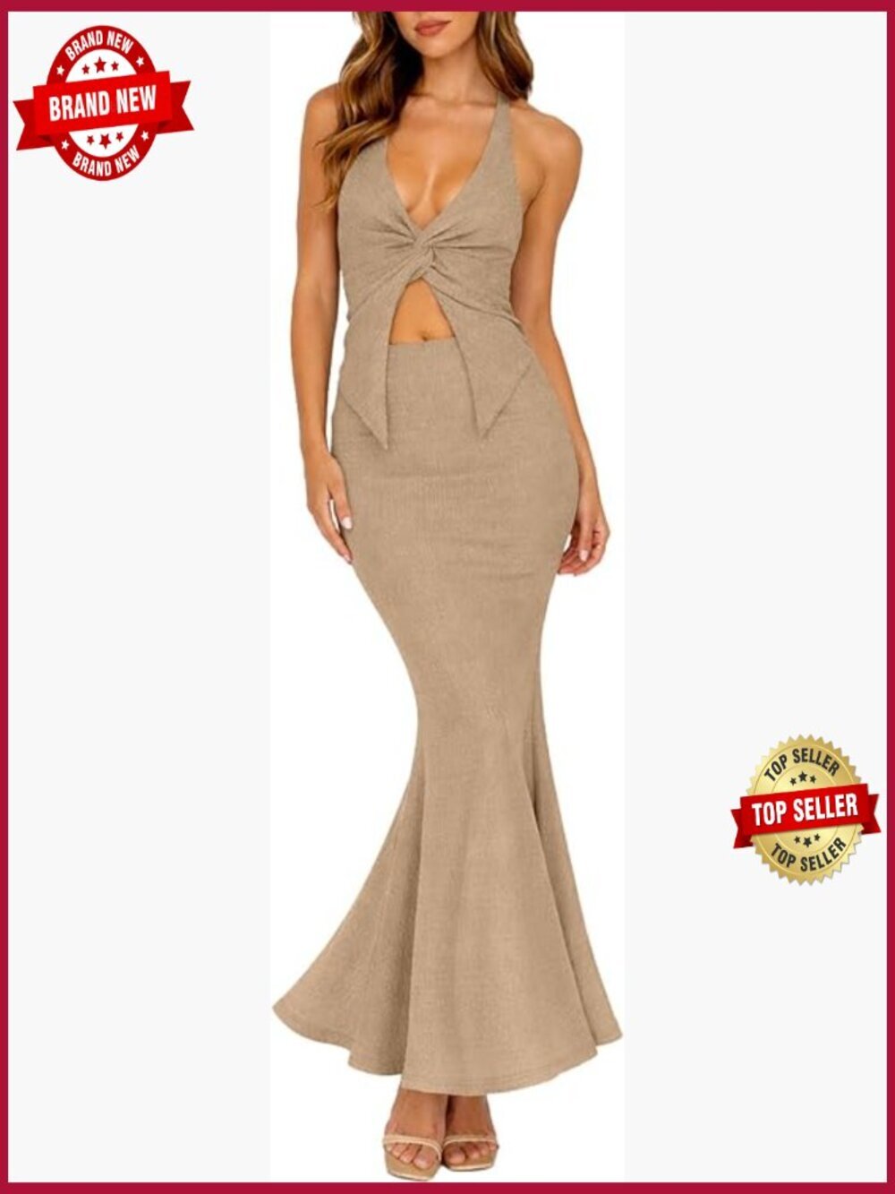 Sexy 2 Piece Skirt Set Halter Crop Top Mermaid Maxi Skirt